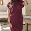 Fashion Dear-Lover Patch Pocket Ribbed Knit Short Sleeve Sweater Dress Red Dahlia