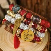 Clearance Dear-Lover 4pcs Boho Disc Tassel Wing Pendant Beaded Bracelet Set Red Dahlia