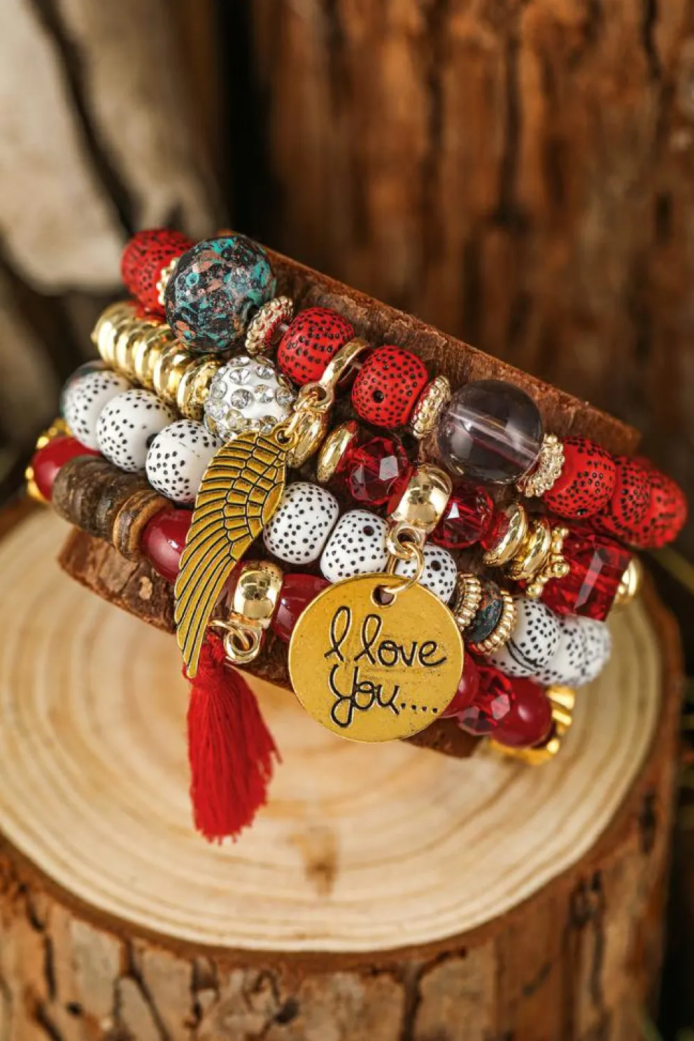 Clearance Dear-Lover 4pcs Boho Disc Tassel Wing Pendant Beaded Bracelet Set Red Dahlia