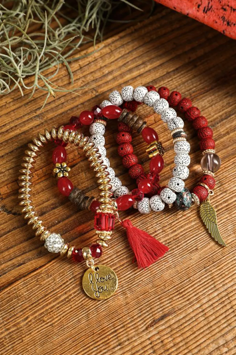 Clearance Dear-Lover 4pcs Boho Disc Tassel Wing Pendant Beaded Bracelet Set Red Dahlia
