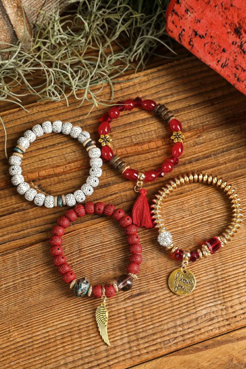 Clearance Dear-Lover 4pcs Boho Disc Tassel Wing Pendant Beaded Bracelet Set Red Dahlia