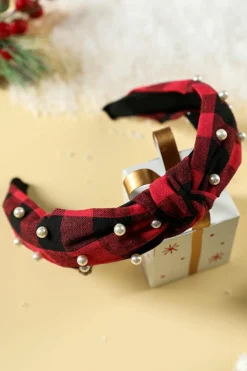 Clearance Dear-Lover Pearl Decor Christmas Plaid Knotted Headband Red Dahlia