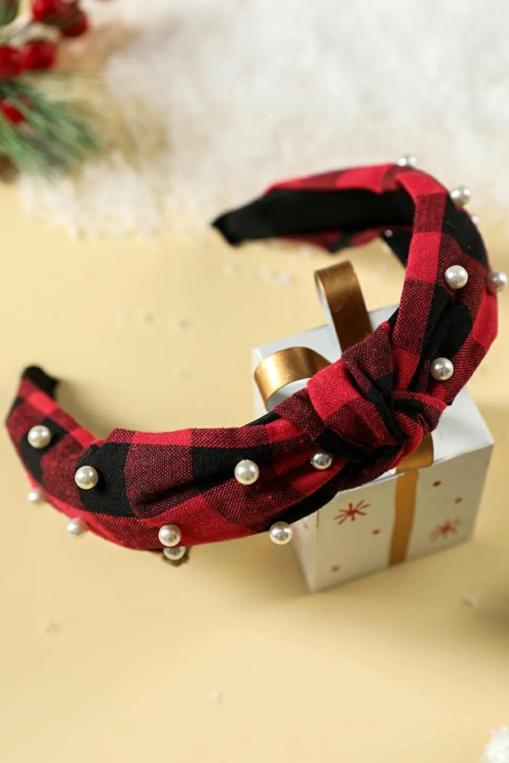 Clearance Dear-Lover Pearl Decor Christmas Plaid Knotted Headband Red Dahlia