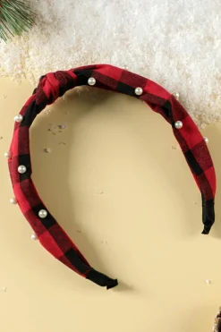 Clearance Dear-Lover Pearl Decor Christmas Plaid Knotted Headband Red Dahlia
