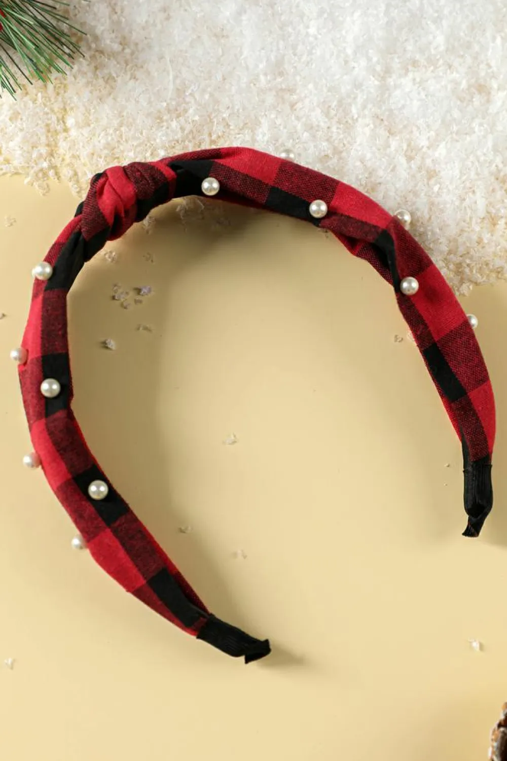 Clearance Dear-Lover Pearl Decor Christmas Plaid Knotted Headband Red Dahlia