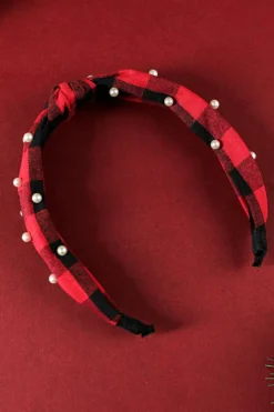 Clearance Dear-Lover Pearl Decor Christmas Plaid Knotted Headband Red Dahlia