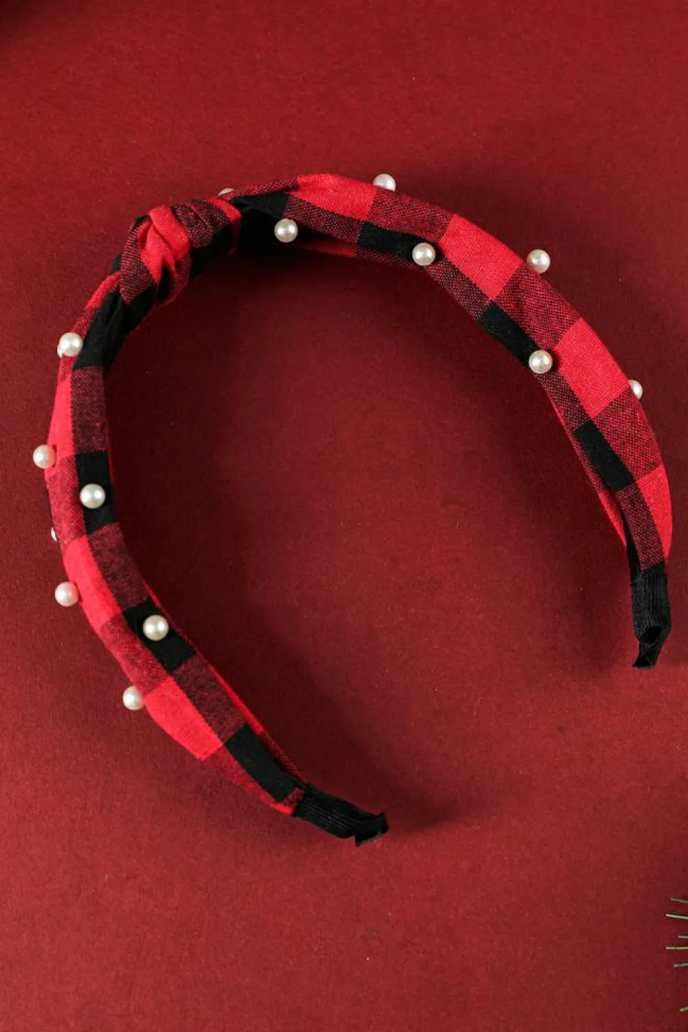 Clearance Dear-Lover Pearl Decor Christmas Plaid Knotted Headband Red Dahlia