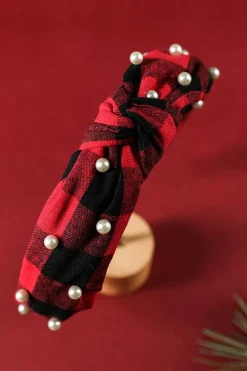 Clearance Dear-Lover Pearl Decor Christmas Plaid Knotted Headband Red Dahlia