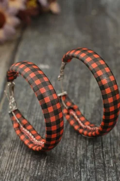Outlet Dear-Lover Plaid Print PU Leather Hoop Earrings Red Dahlia
