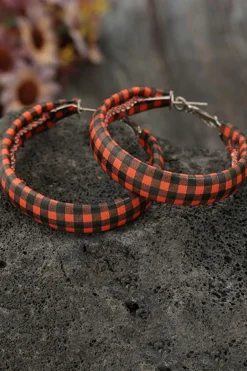 Outlet Dear-Lover Plaid Print PU Leather Hoop Earrings Red Dahlia