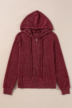 Hot Dear-Lover Ribbed Zip Up Front Drawstring Hoodie Red Dahlia