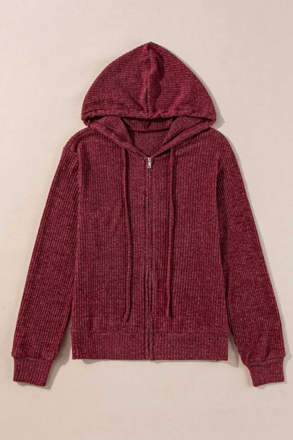 Hot Dear-Lover Ribbed Zip Up Front Drawstring Hoodie Red Dahlia