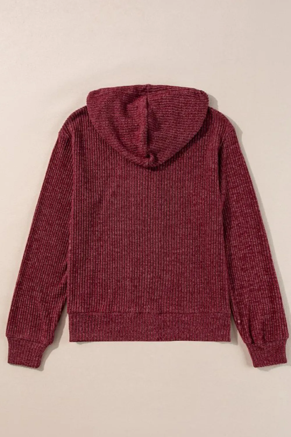 Hot Dear-Lover Ribbed Zip Up Front Drawstring Hoodie Red Dahlia