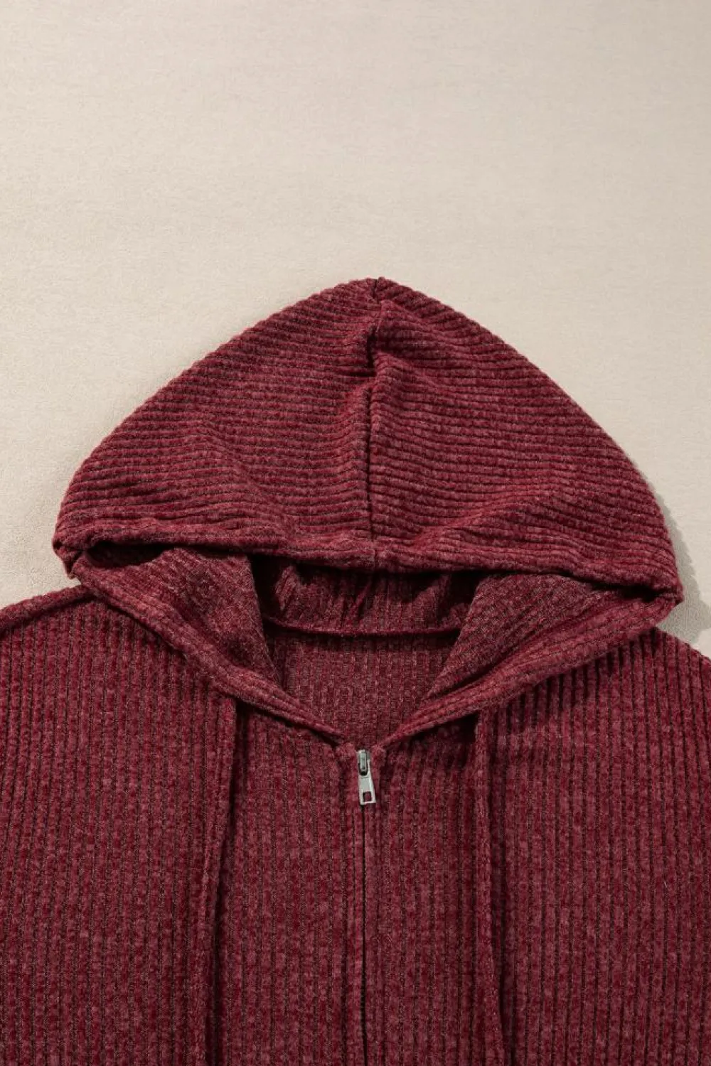 Hot Dear-Lover Ribbed Zip Up Front Drawstring Hoodie Red Dahlia
