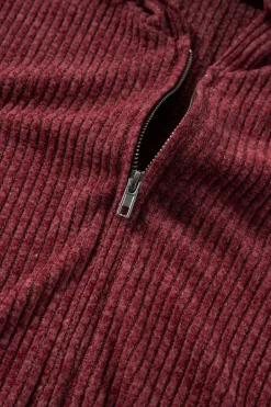 Hot Dear-Lover Ribbed Zip Up Front Drawstring Hoodie Red Dahlia