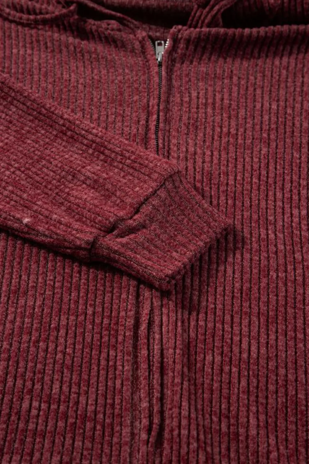 Hot Dear-Lover Ribbed Zip Up Front Drawstring Hoodie Red Dahlia