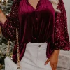 Online Dear-Lover Sequin Patchwork Sleeve Button Up Velvet Top Red Dahlia