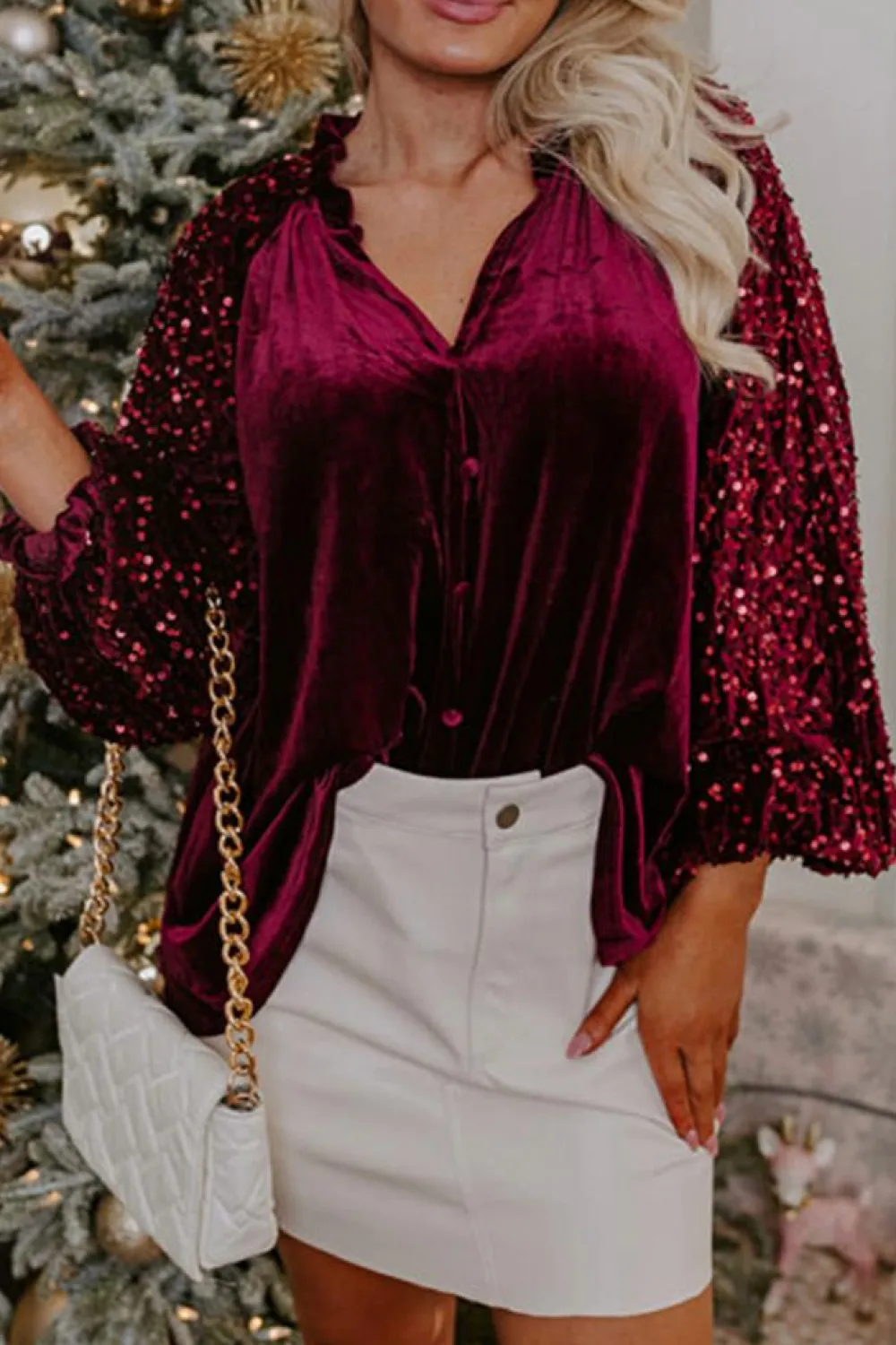 Online Dear-Lover Sequin Patchwork Sleeve Button Up Velvet Top Red Dahlia