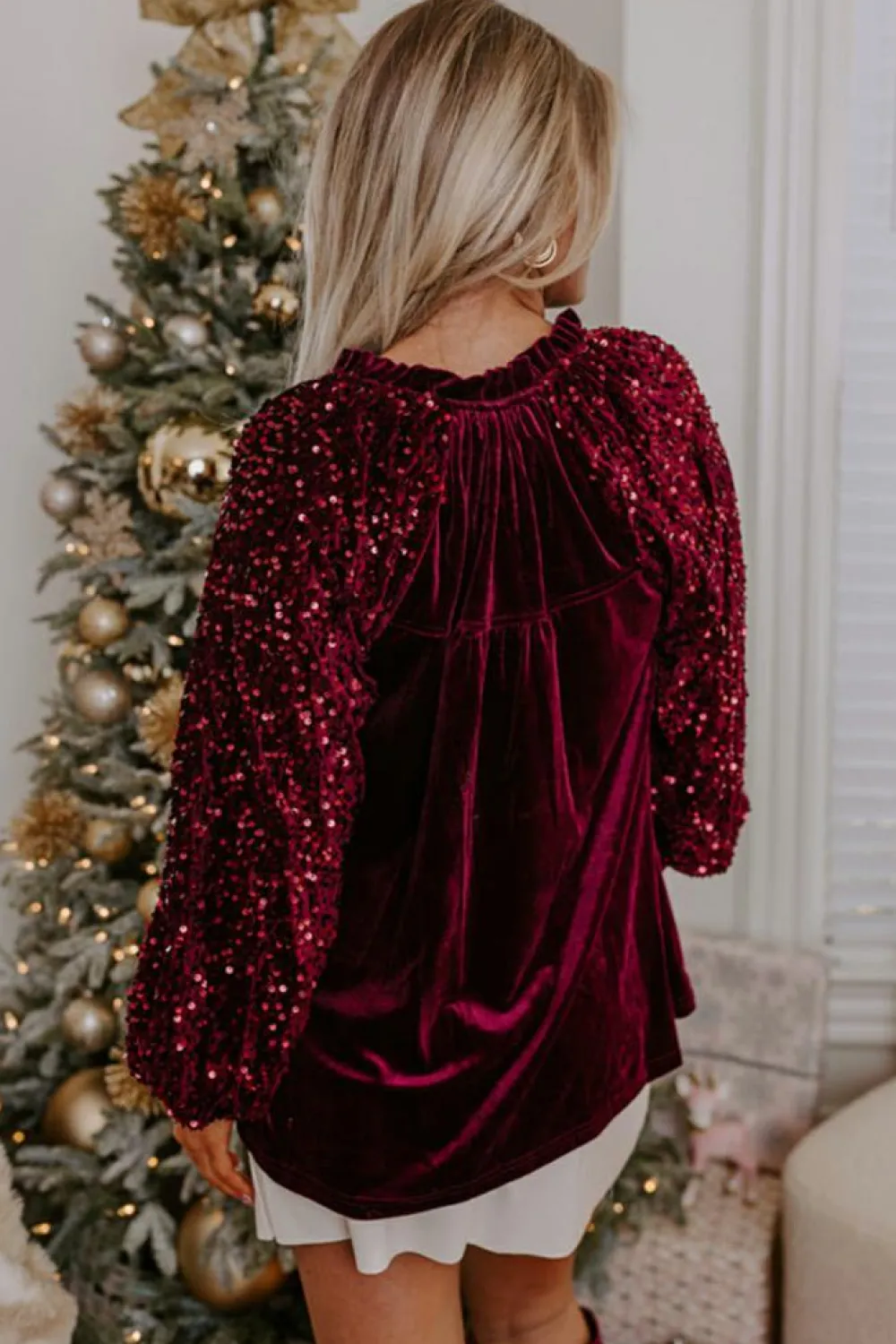 Online Dear-Lover Sequin Patchwork Sleeve Button Up Velvet Top Red Dahlia
