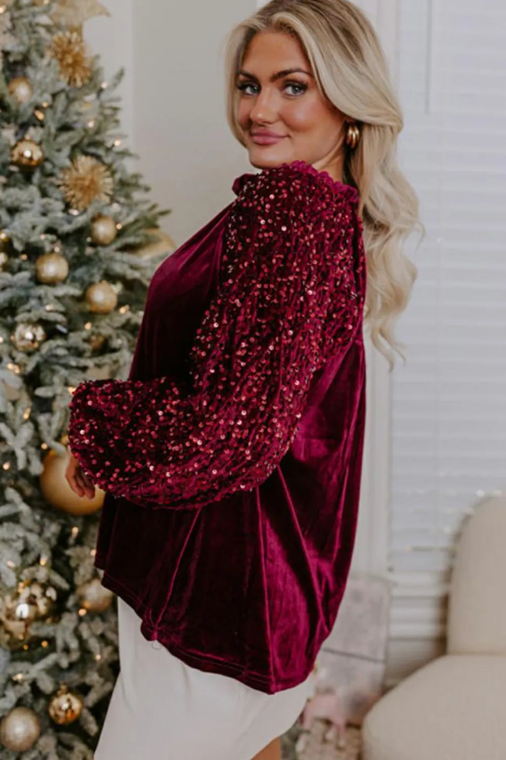 Online Dear-Lover Sequin Patchwork Sleeve Button Up Velvet Top Red Dahlia