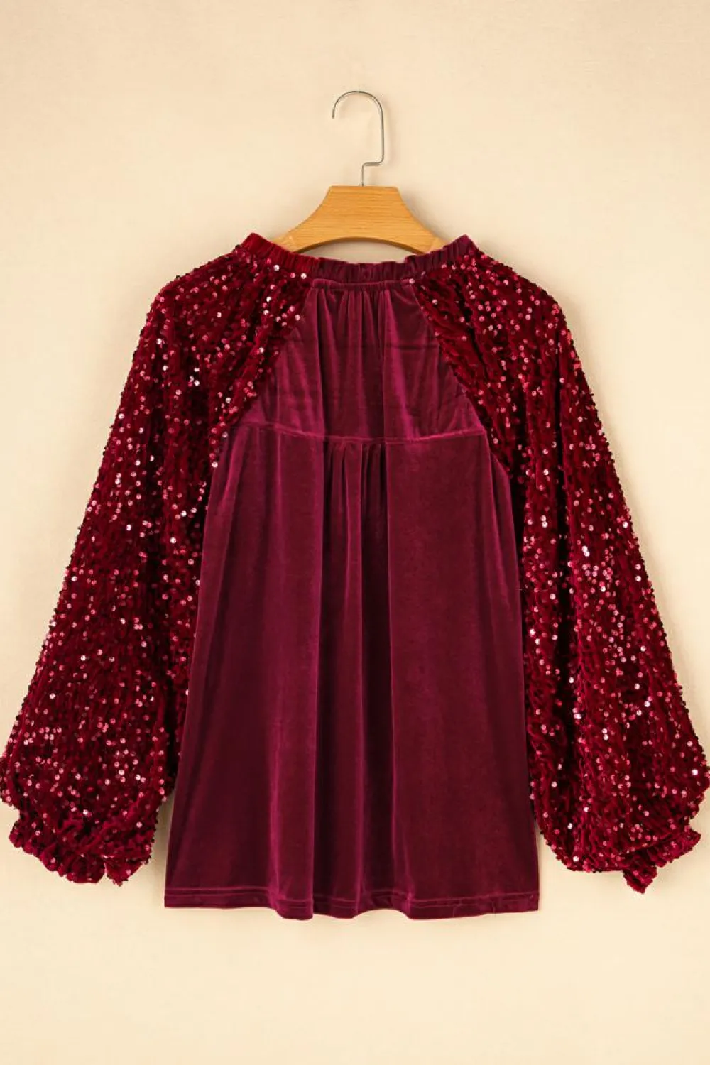 Online Dear-Lover Sequin Patchwork Sleeve Button Up Velvet Top Red Dahlia