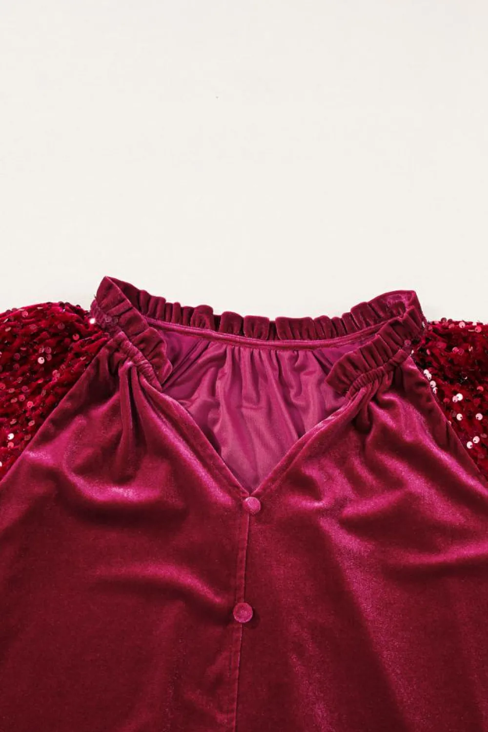 Online Dear-Lover Sequin Patchwork Sleeve Button Up Velvet Top Red Dahlia