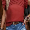 Fashion Dear-Lover Solid Color Pleated Detail Ruffle Short Sleeve Blouse Red Dahlia