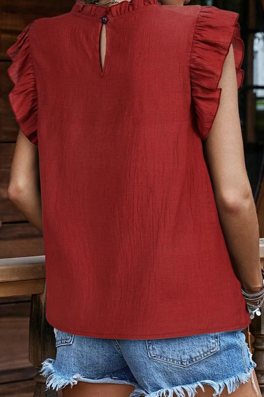 Fashion Dear-Lover Solid Color Pleated Detail Ruffle Short Sleeve Blouse Red Dahlia