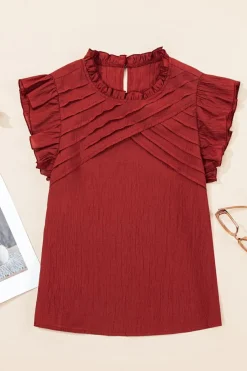 Fashion Dear-Lover Solid Color Pleated Detail Ruffle Short Sleeve Blouse Red Dahlia
