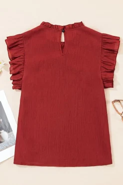 Fashion Dear-Lover Solid Color Pleated Detail Ruffle Short Sleeve Blouse Red Dahlia