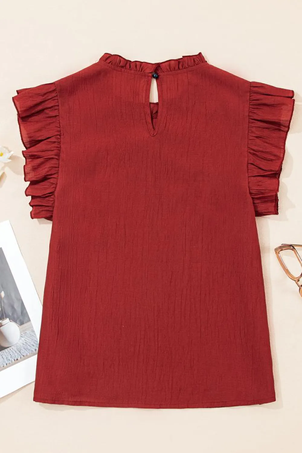 Fashion Dear-Lover Solid Color Pleated Detail Ruffle Short Sleeve Blouse Red Dahlia