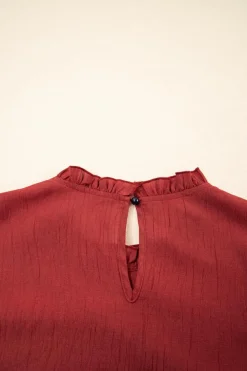 Fashion Dear-Lover Solid Color Pleated Detail Ruffle Short Sleeve Blouse Red Dahlia