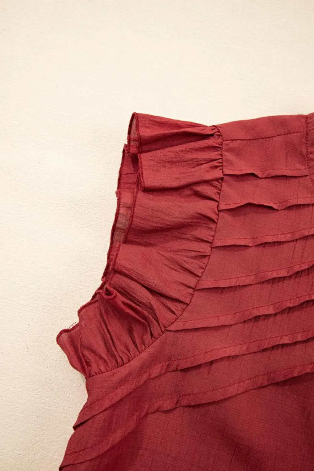 Fashion Dear-Lover Solid Color Pleated Detail Ruffle Short Sleeve Blouse Red Dahlia