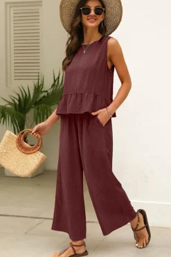 Online Dear-Lover Solid Color Ribbed Ruffle Tank Top and Pants Set Red Dahlia
