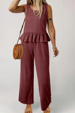Online Dear-Lover Solid Color Ribbed Ruffle Tank Top and Pants Set Red Dahlia