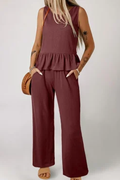 Online Dear-Lover Solid Color Ribbed Ruffle Tank Top and Pants Set Red Dahlia
