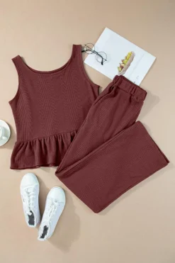 Online Dear-Lover Solid Color Ribbed Ruffle Tank Top and Pants Set Red Dahlia