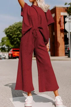 Online Dear-Lover Textured Loose Fit T Shirt and Drawstring Pants Set Red Dahlia