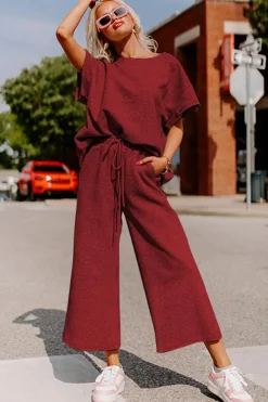 Online Dear-Lover Textured Loose Fit T Shirt and Drawstring Pants Set Red Dahlia