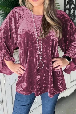 New Dear-Lover Velvet Pagoda Sleeve Crew Neck Top Red Dahlia