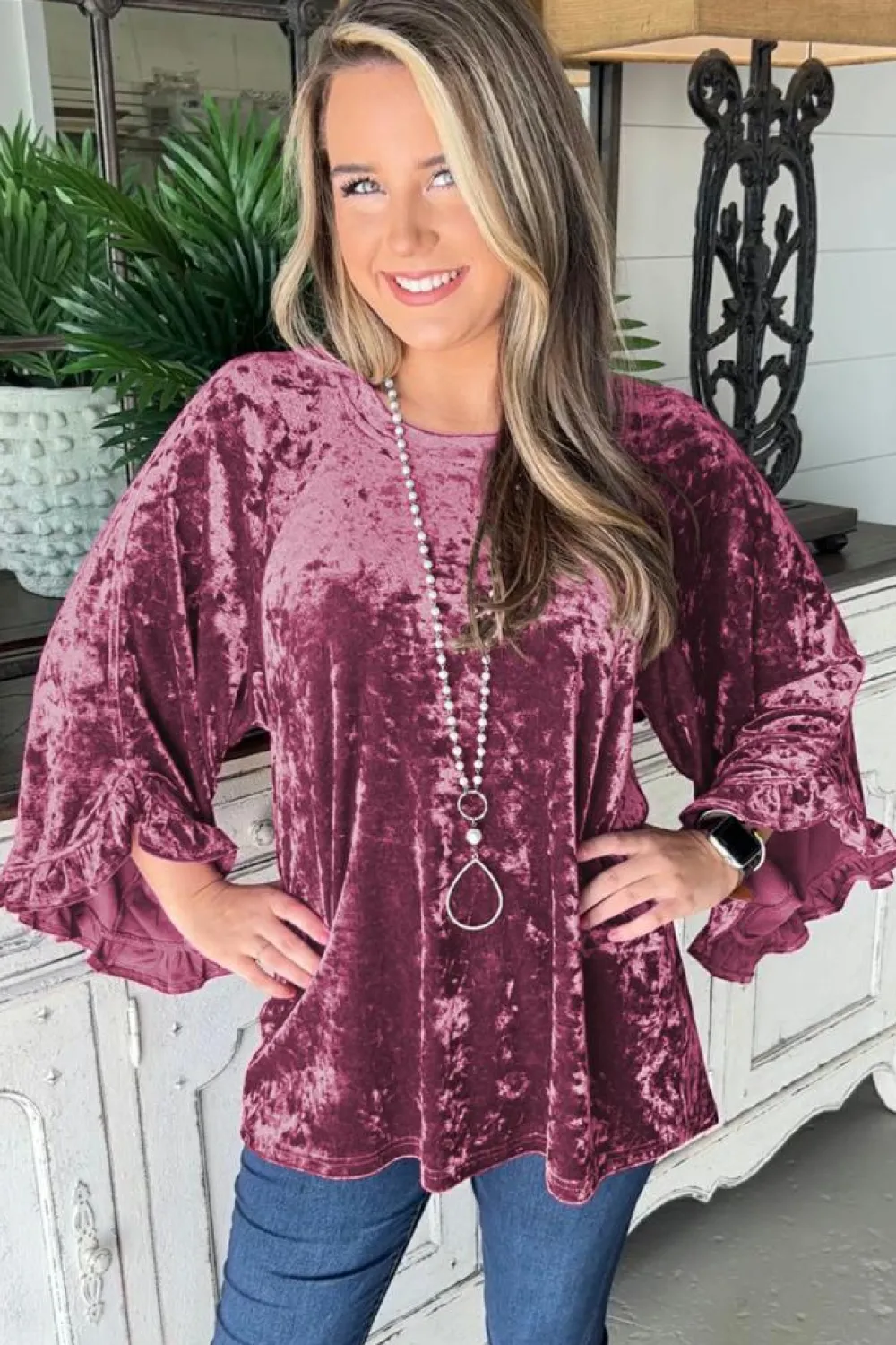New Dear-Lover Velvet Pagoda Sleeve Crew Neck Top Red Dahlia