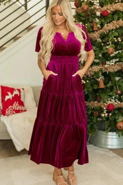 Discount Dear-Lover Velvet Short Sleeve Shirred Waist Tiered Maxi Dress Red Dahlia
