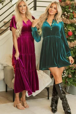 Discount Dear-Lover Velvet Short Sleeve Shirred Waist Tiered Maxi Dress Red Dahlia