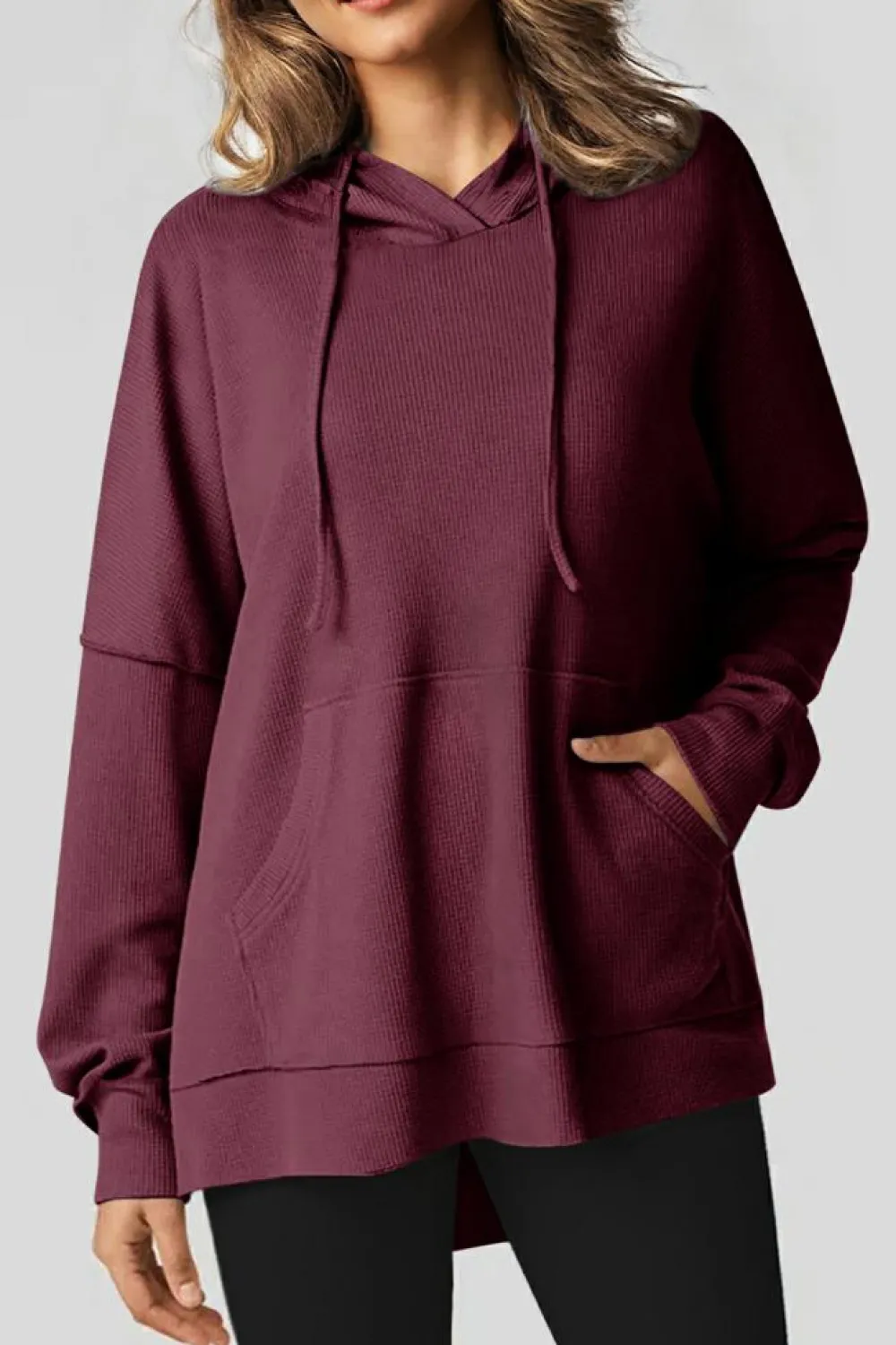 Sale Dear-Lover Waffle Knit Fleece Lined High Low Oversized Hoodie Red Dahlia
