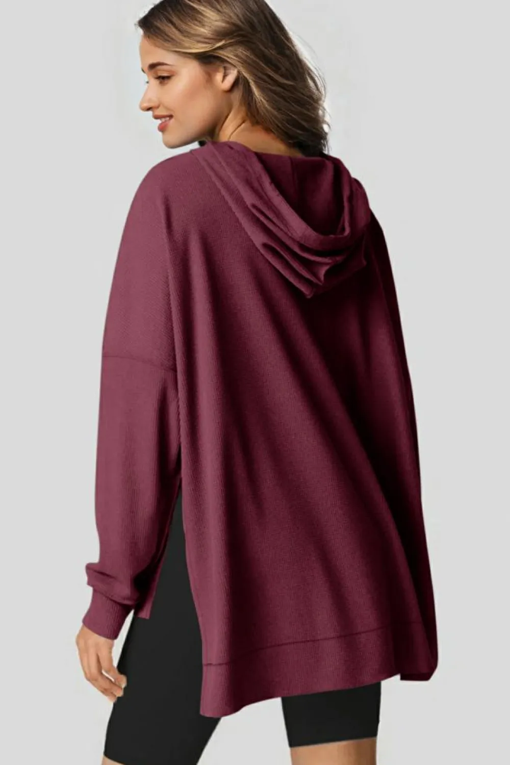 Sale Dear-Lover Waffle Knit Fleece Lined High Low Oversized Hoodie Red Dahlia