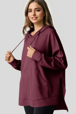 Sale Dear-Lover Waffle Knit Fleece Lined High Low Oversized Hoodie Red Dahlia