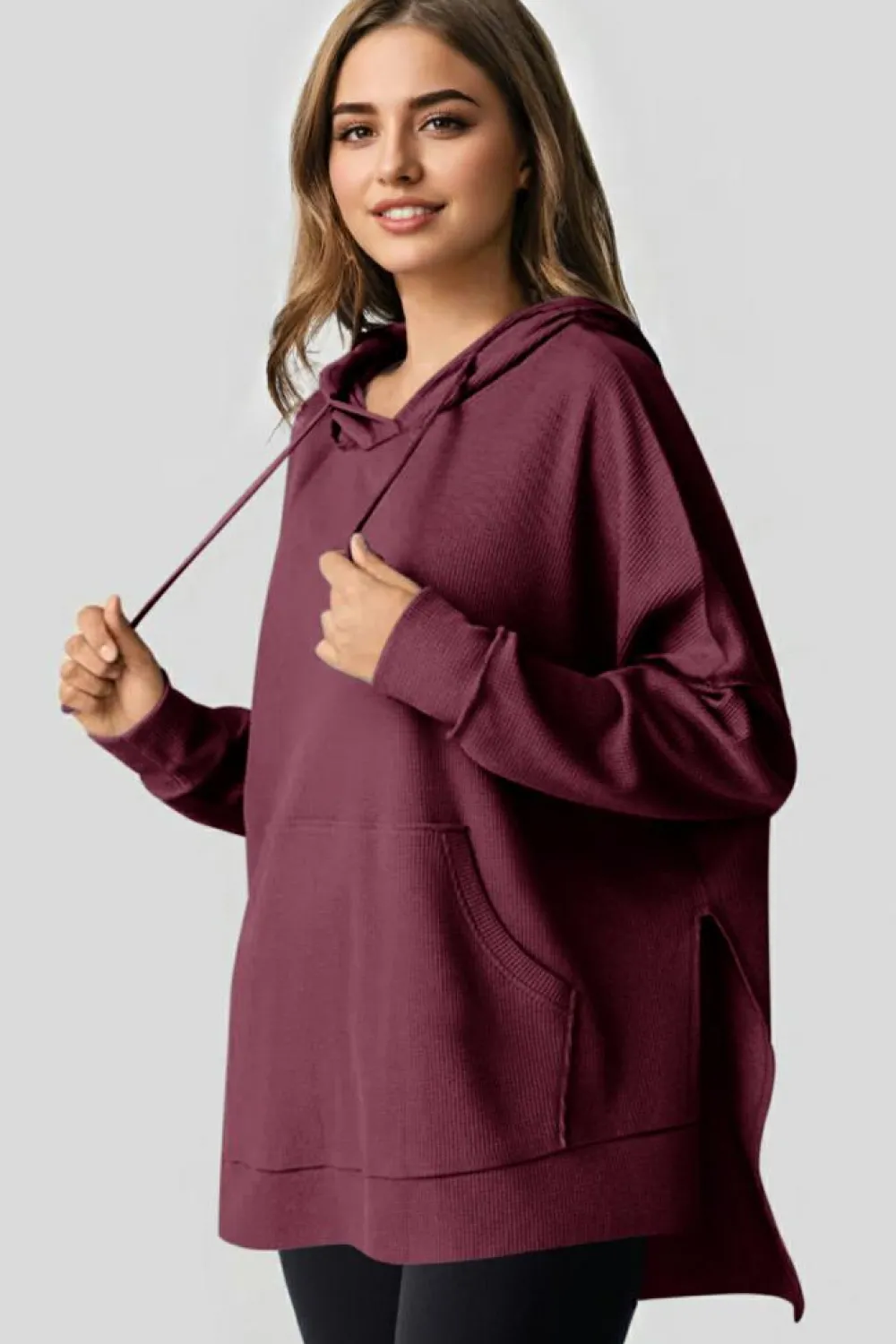 Sale Dear-Lover Waffle Knit Fleece Lined High Low Oversized Hoodie Red Dahlia