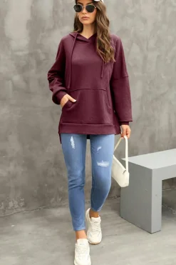 Sale Dear-Lover Waffle Knit Fleece Lined High Low Oversized Hoodie Red Dahlia
