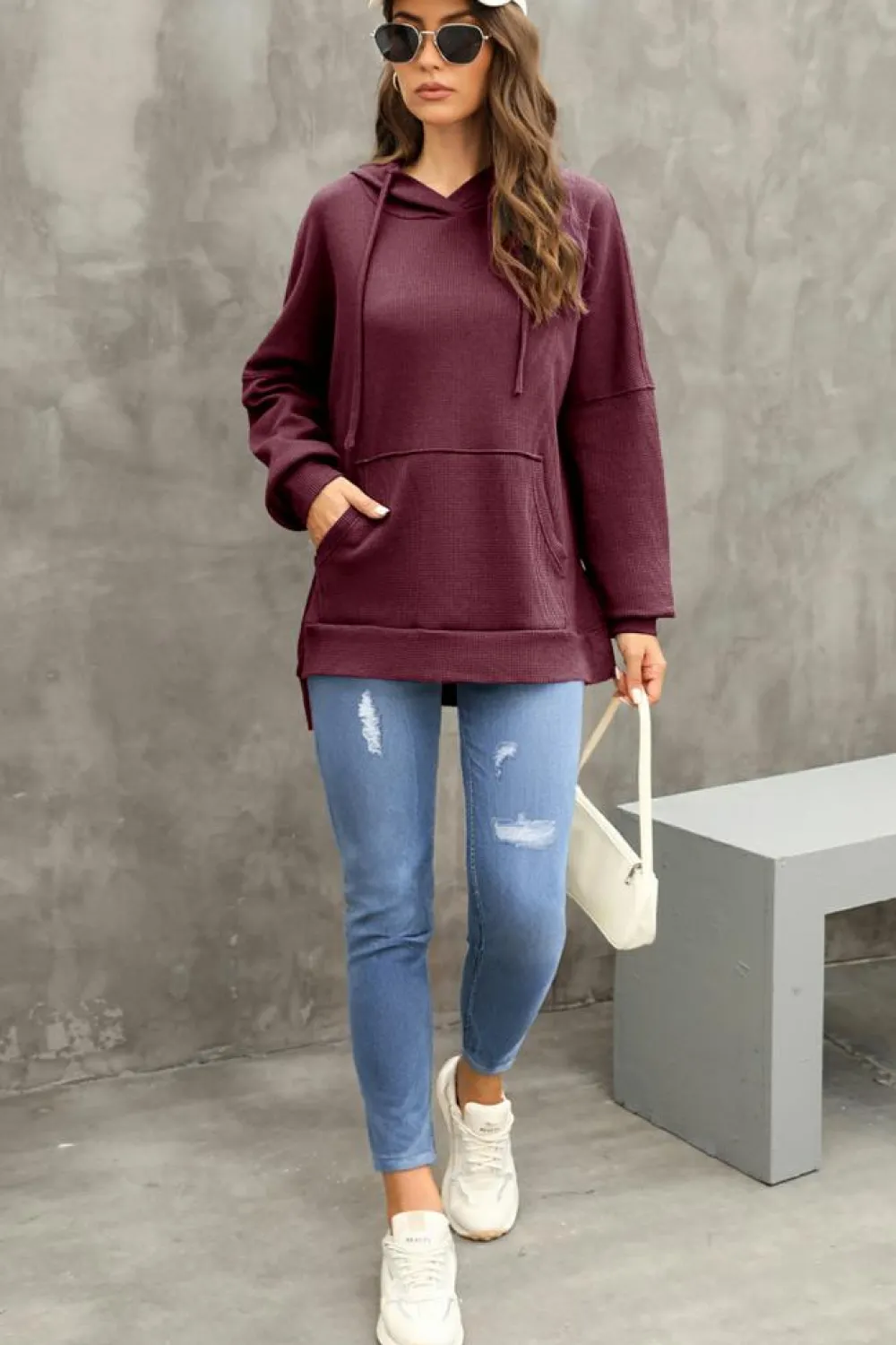 Sale Dear-Lover Waffle Knit Fleece Lined High Low Oversized Hoodie Red Dahlia