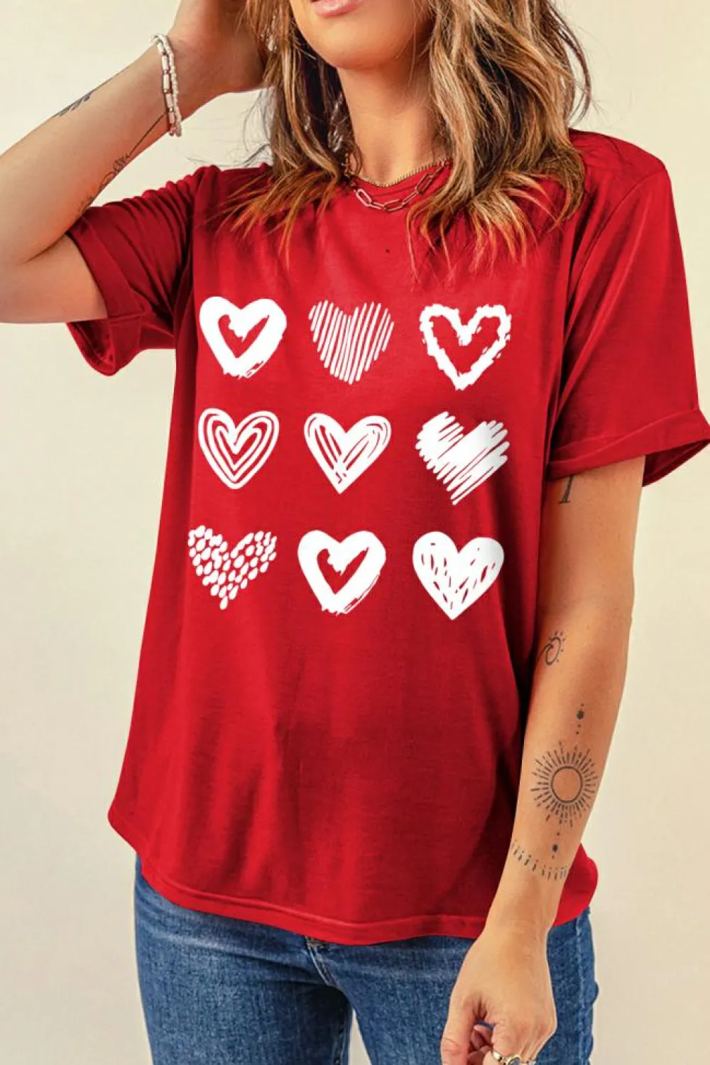 Discount Dear-Lover Red Diverse Heart Printed Crewneck Valentines Tee Red-2